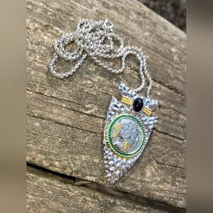 Silver and Green Indian Head Coin Pendant Necklace
